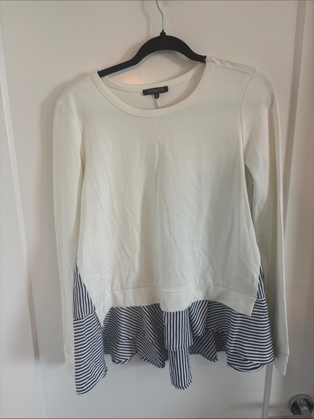 City+Co Cream Long-Sleeve Sweatshirt with Navy Stripe Hem Detail